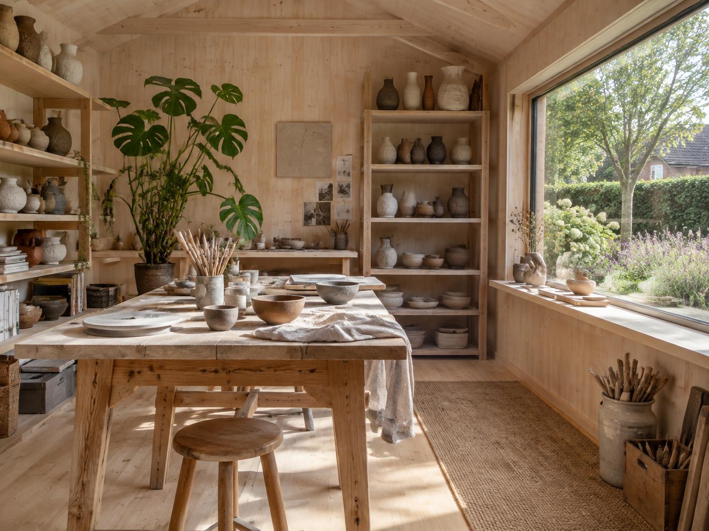 Creatief tuinatelier met keramiek, werktafel en ochtendlicht