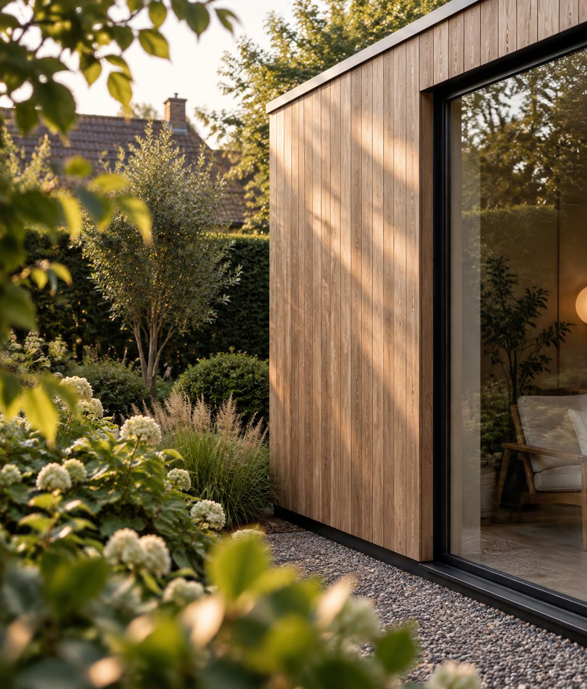 Detail van verticale houten gevelbekleding van een tuinstudio