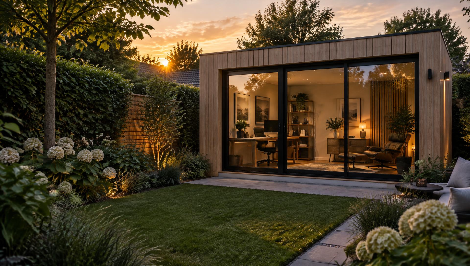 Moderne houten Tuynora in een Nederlandse tuin bij zonsondergang