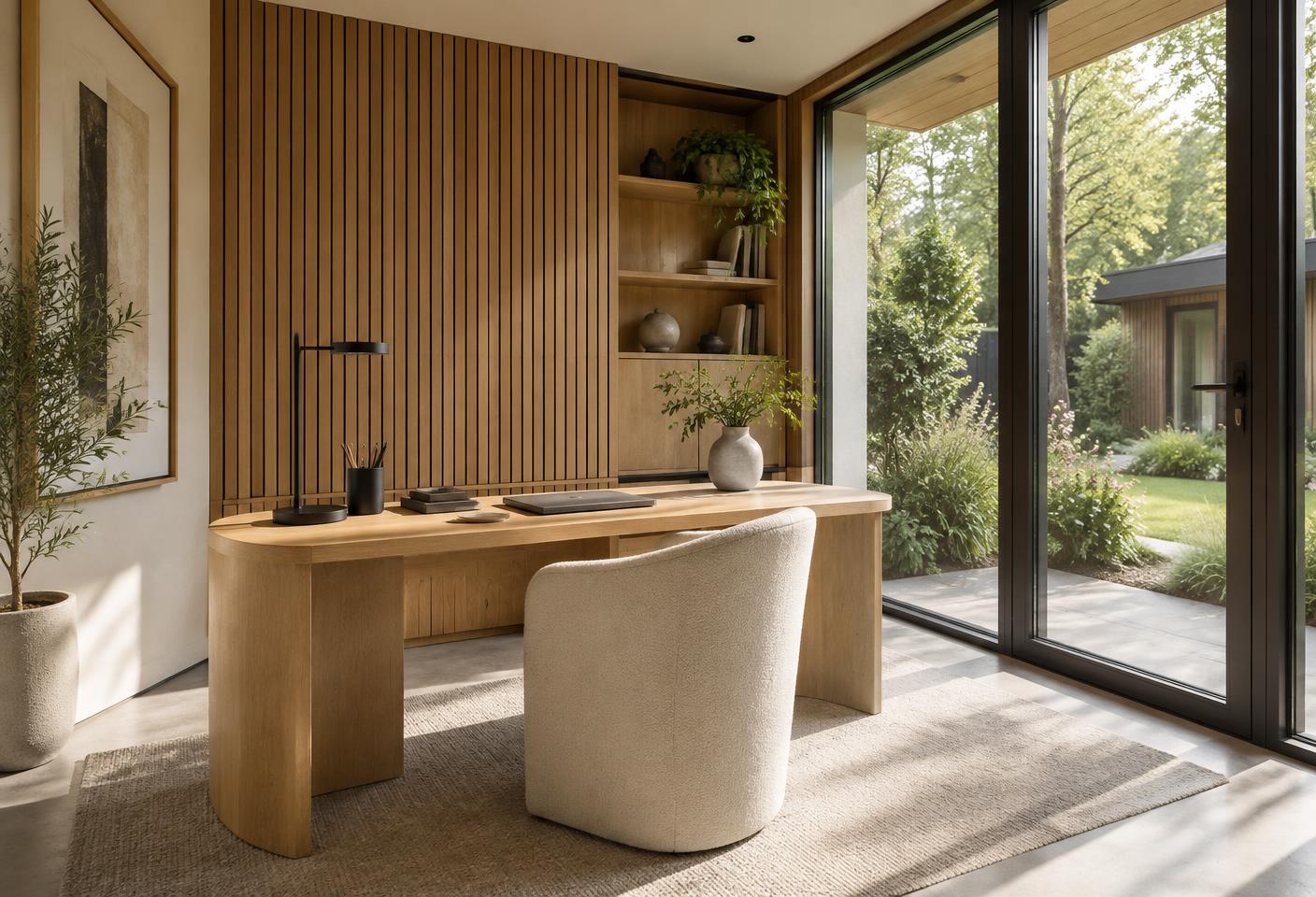 Licht interieur van een tuinwerkplek met eikenhouten bureau