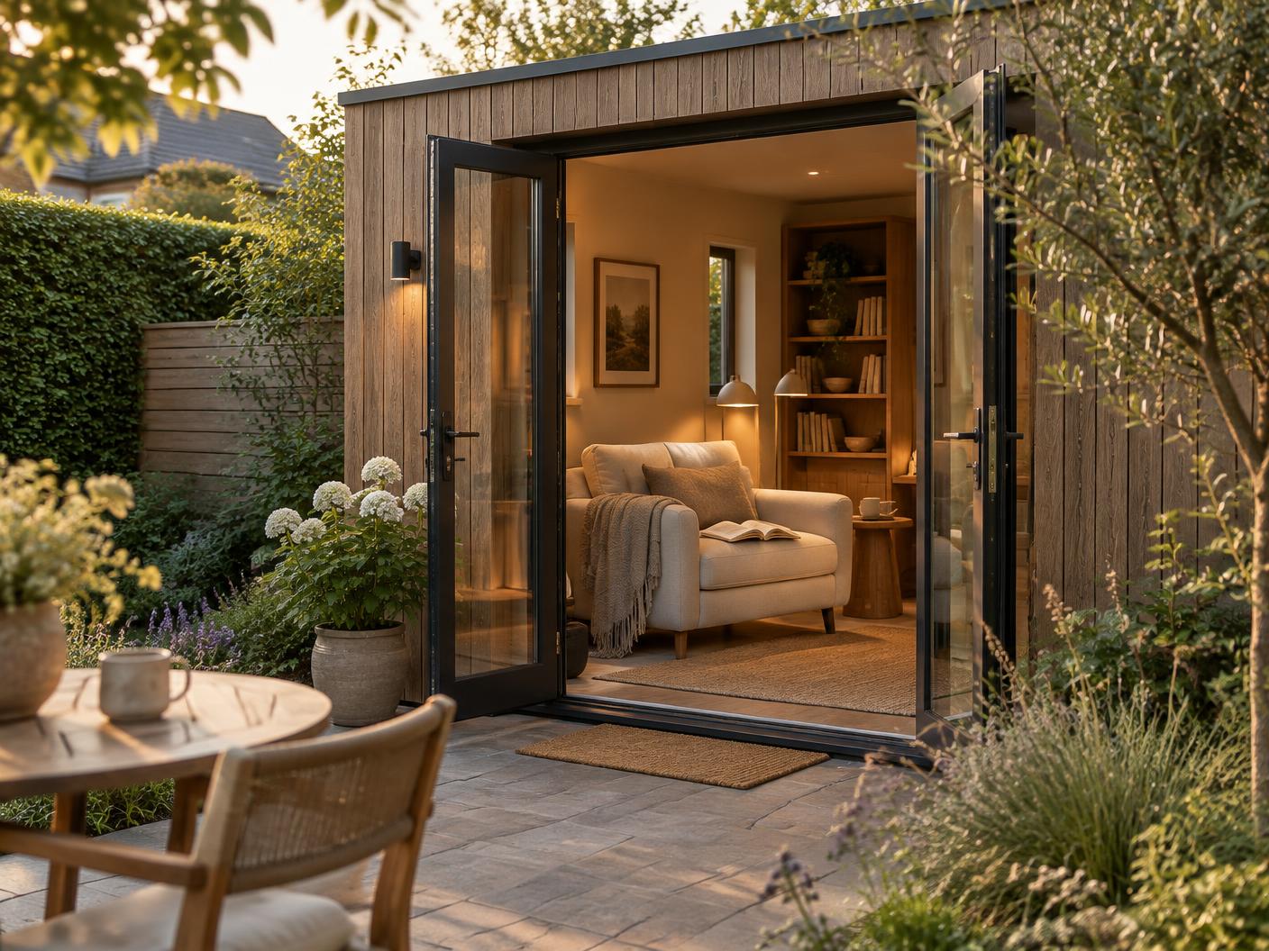 Houten tuinlounge met open glazen deuren en een comfortabele leesstoel