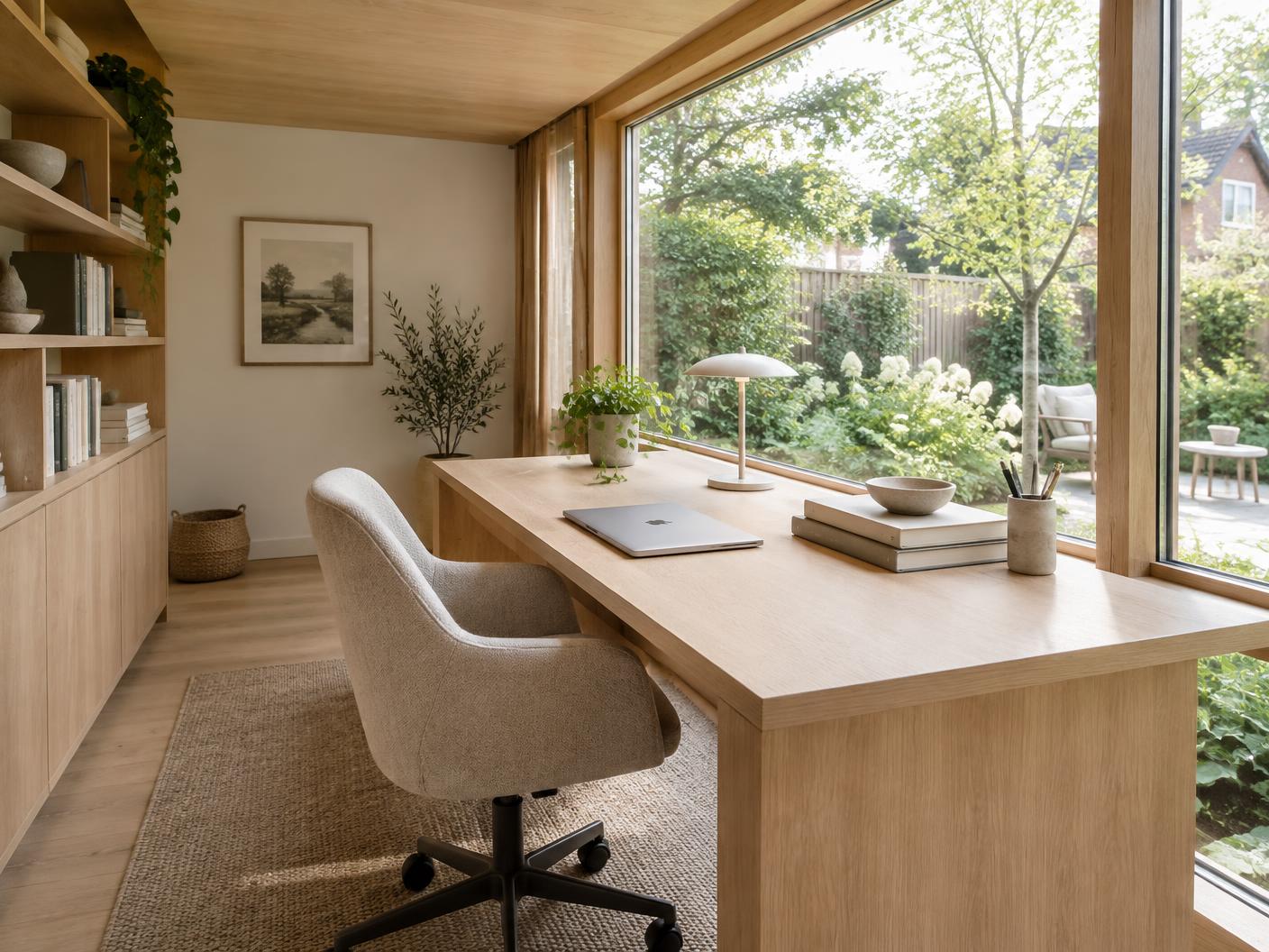 Licht tuinkantoor met eiken bureau en uitzicht op een Nederlandse tuin